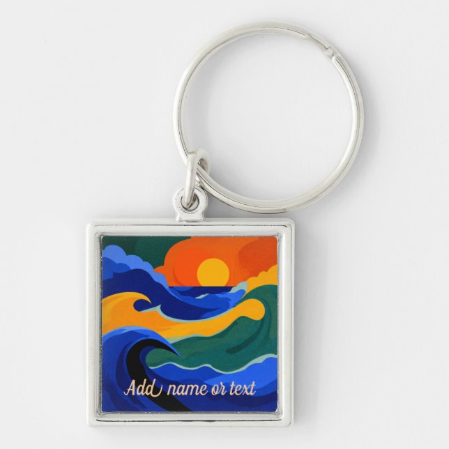 Retro Colourful Surf Wave & Sunset Custom Key Ring (Front)
