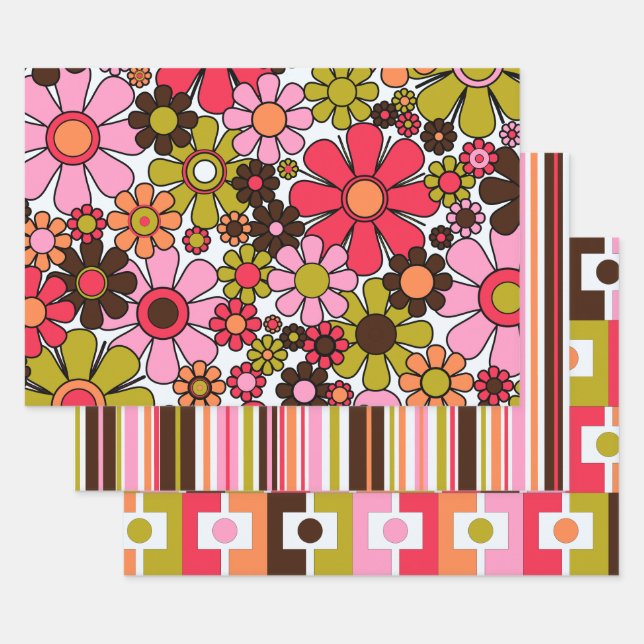 Retro Colourful Trendy Mixed Patterns with Pink Wrapping Paper Sheet (Set)