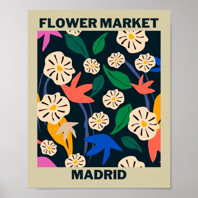 Retro Colourful Tropical Flower Market Madrid  Poster (Front)