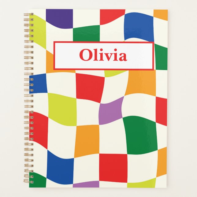 Retro Colourful Warped Checkerboards Custom Name  Planner (Front)