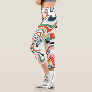Retro Colourful Wavy Lines Modern Design Capri Leggings