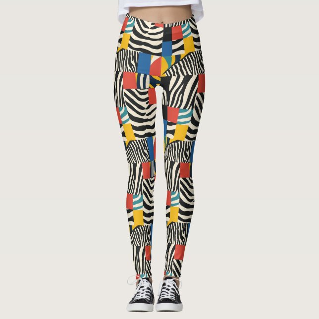 Retro Colourful Zebra Block Patterned Leggings (Front)