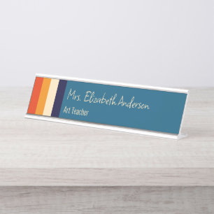 Retro Colours Blue Orange Bisque Stripes Teacher Desk Name Plate