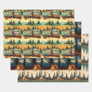 Retro Colours Camping Themed  Wrapping Paper Sheet