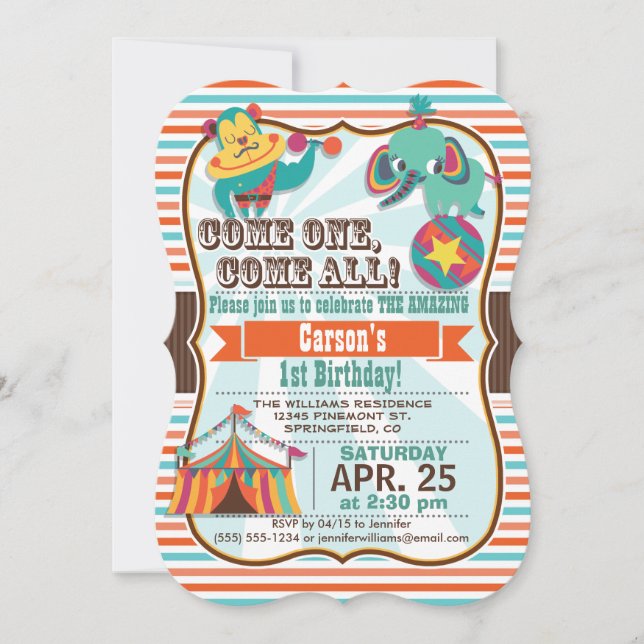 Retro Colours Circus Animals Birthday Party Invitation (Front)