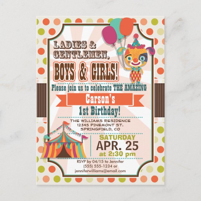 Retro Colours Circus Puppy Birthday Party Invitation Postcard (Front)