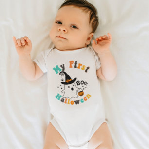 Retro colours Cute Boo Ghost My First Halloween Baby Bodysuit