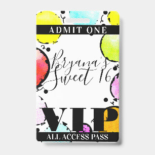 Retro Comic Balloons Sweet 16 Party VIP Pass ID Badge
