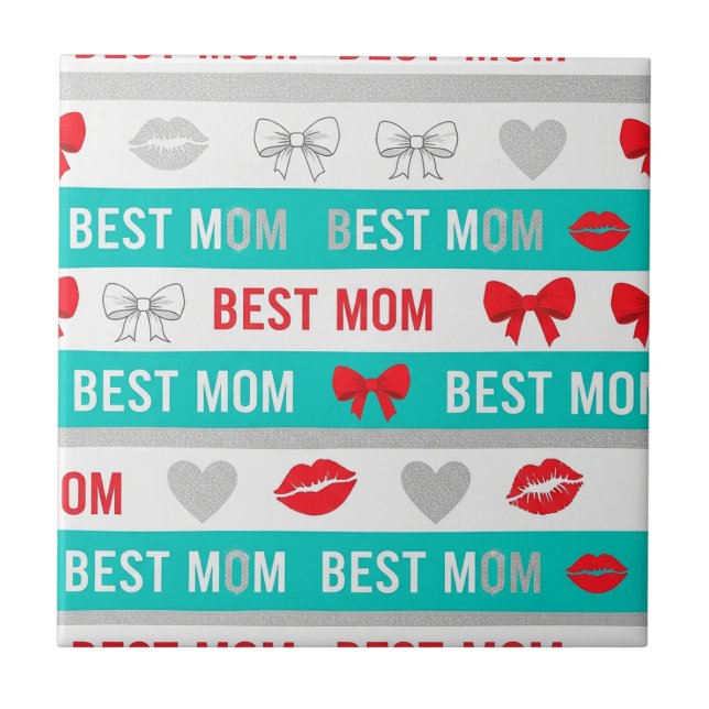 Retro Comic Best Mum Hearts Lips Bow Ceramic Tile (Front)