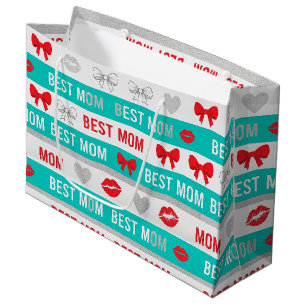 Retro Comic Best Mum Hearts Lips Bow Large Gift Bag