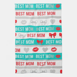 Retro Comic Best Mum Hearts Lips Bow Tea Towel