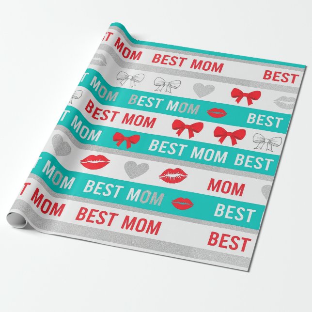 Retro Comic Best Mum Hearts Lips Bow Wrapping Paper (Unrolled)