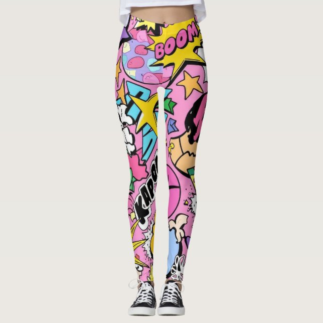 Retro Comic Book Pop Art Collage Leggings (Front)