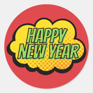 Retro Comic Book Style Happy New Year Classic Round Sticker
