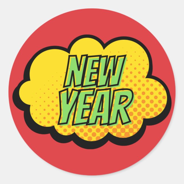 Retro Comic Book Style New Year Classic Round Sticker (Front)