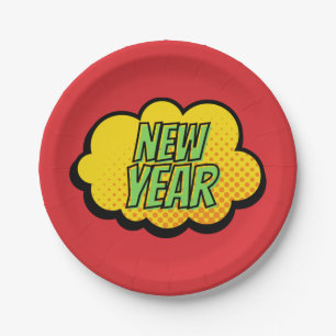 Retro Comic Book Style New Year Paper Plate