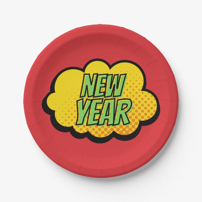 Retro Comic Book Style New Year Paper Plate (Front)