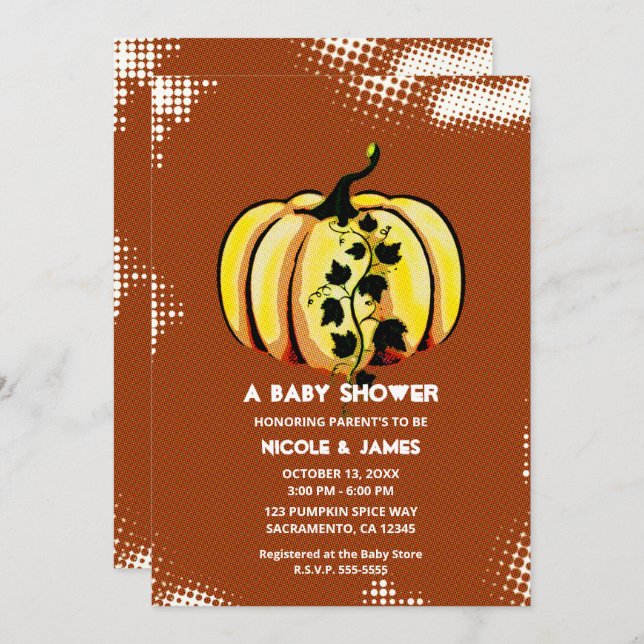Retro Comic Book Style Pumpkin Fall Baby Shower Invitation (Front/Back)