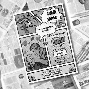 Retro Comic Book Superhero Black & White Wedding Invitation