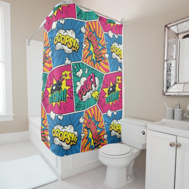 Retro Comic Colourful Seamless Pattern - Pop Art Shower Curtain (In Situ)