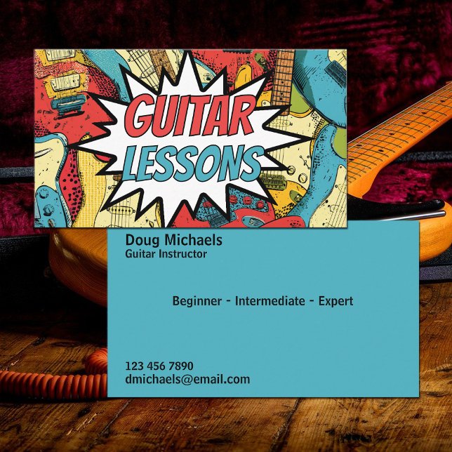 Retro Comic Design Guitar Lessons Business Card (Creator Uploaded)