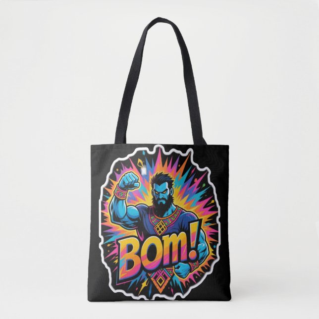 Retro comic explosion muscular superhero.BOM!Power Tote Bag (Front)