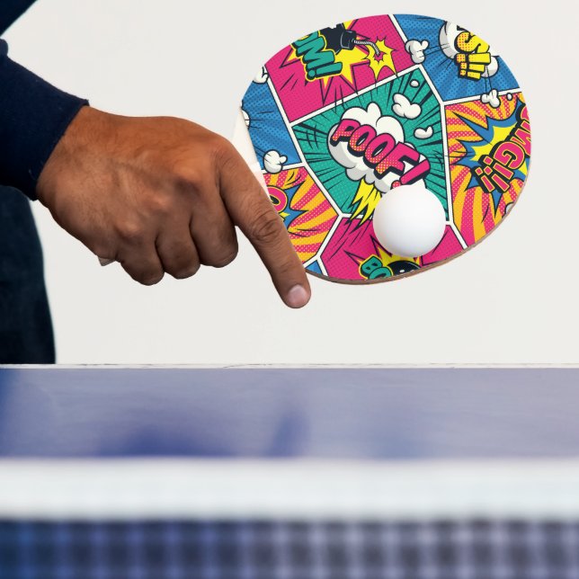 Retro Comic Explosion: Vibrant Pop Art Ping Pong Paddle (Insitu)