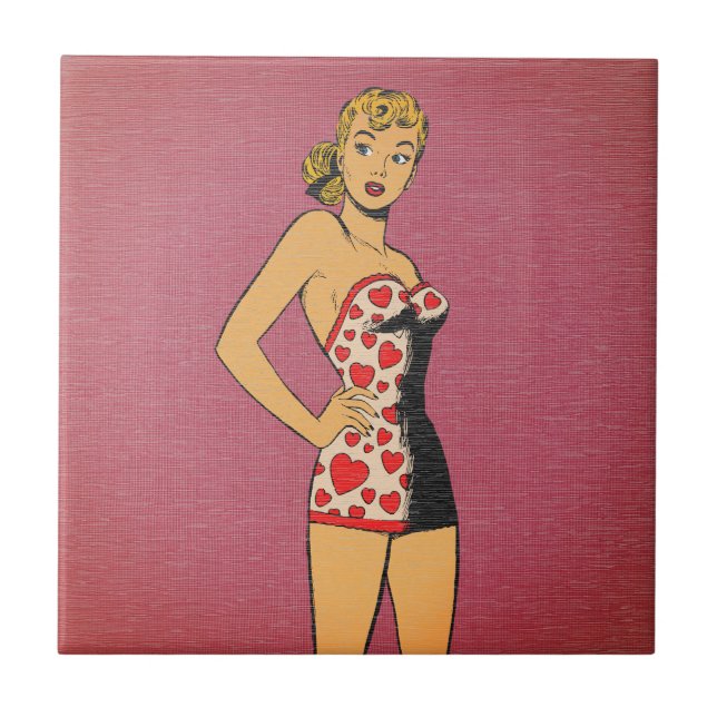 Retro Comic Heart Swimsuit Pinup Ceramic Tile (Front)
