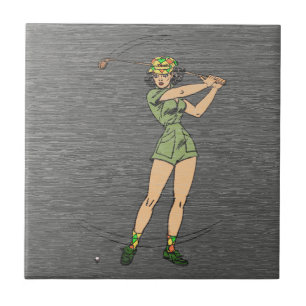 Retro Comic Lady Golfer Ceramic Tile
