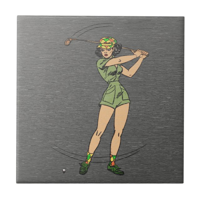 Retro Comic Lady Golfer Ceramic Tile (Front)