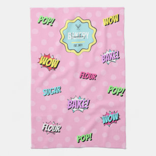 Retro Comic Pink Pop Art Fun Baking Pastry Chef Tea Towel