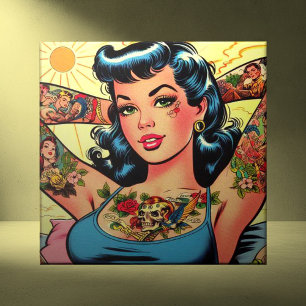 Retro Comics Tattoo Girl Ceramic Tile