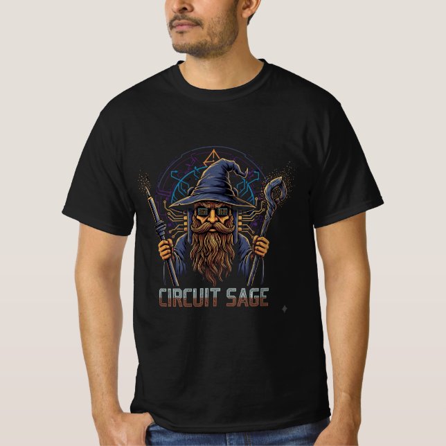 Retro Computer Chip Wizard Illustration T-Shirt (Front)