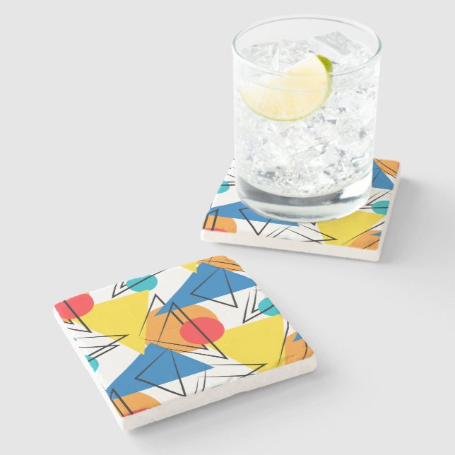 Retro Contemporary Geometric Colourful Pattern Stone Coaster (Side)