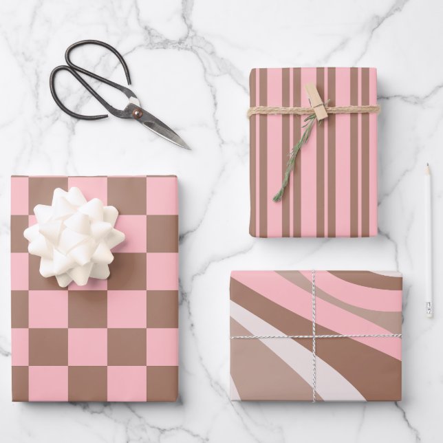 Retro Contemporary Mocha Brown and Pink Patterns Wrapping Paper Sheet (Front)