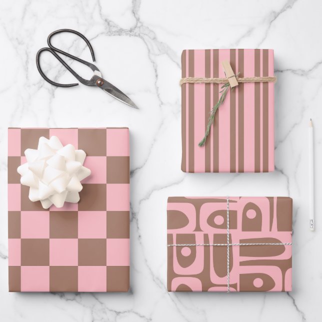 Retro Contemporary Mocha Brown and Pink Patterns Wrapping Paper Sheet (Front)
