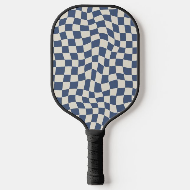 Retro Cool Blue Wavy Check Monogram Option Pickleball Paddle (Front)