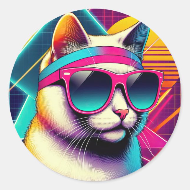 Retro Cool Cat Classic Round Sticker (Front)