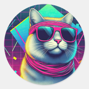Retro Cool Cat Classic Round Sticker