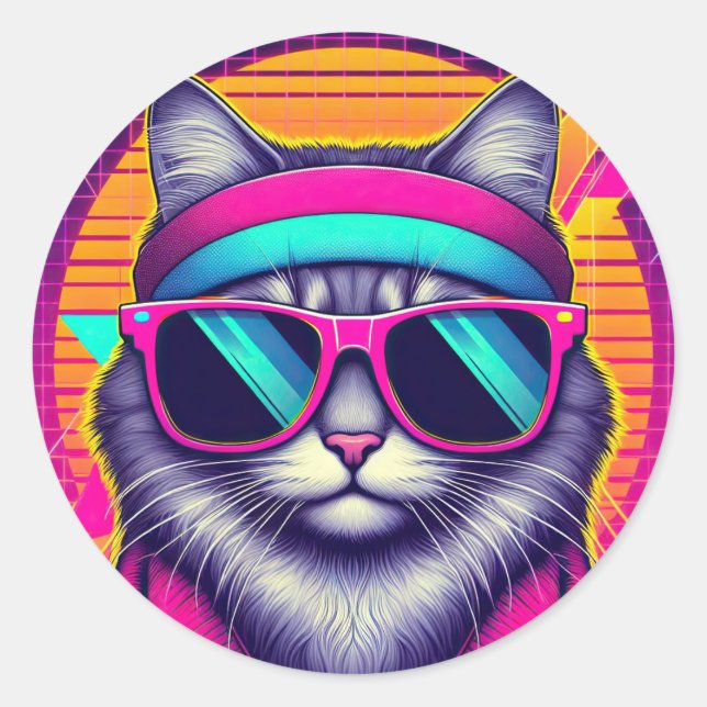 Retro Cool Cat Classic Round Sticker (Front)