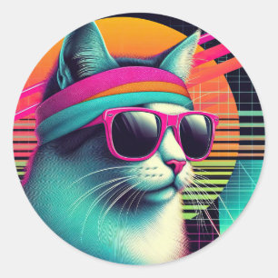 Retro Cool Cat Classic Round Sticker