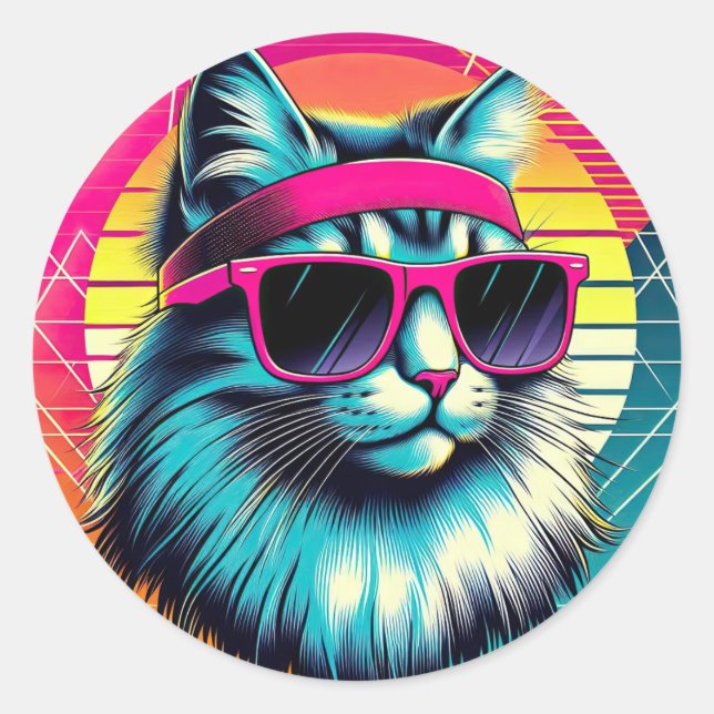 Retro Cool Cat Classic Round Sticker (Front)