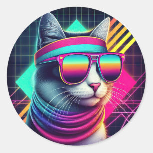 Retro Cool Cat Classic Round Sticker