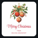 Retro Cool Christmas Tree Decorations Square Sticker<br><div class="desc">Stickers with a vintage style illustration. 3 red Christmas baubles surrounded by green holly and berries. Stylish retro design.</div>