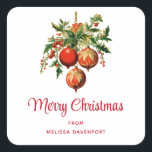 Retro Cool Christmas Tree Decorations Square Sticker<br><div class="desc">Stickers with a vintage style illustration. 3 red Christmas baubles surrounded by green holly and berries. Stylish retro design.</div>