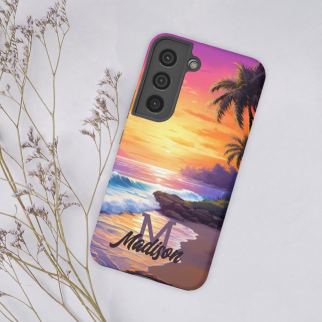 Retro Cool Tropical Beach Sunset Monogram Add Name Samsung Galaxy S22 Case (Creator Uploaded)