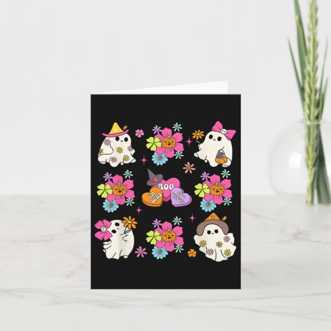 Retro Coquette Boo Ghost Bow Pumpkin Flowers Hallo Card (Front)