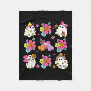 Retro Coquette Boo Ghost Bow Pumpkin Flowers Hallo Fleece Blanket