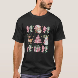 Retro Coquette Bow Christmas Tree Cake Santa Claus T-Shirt