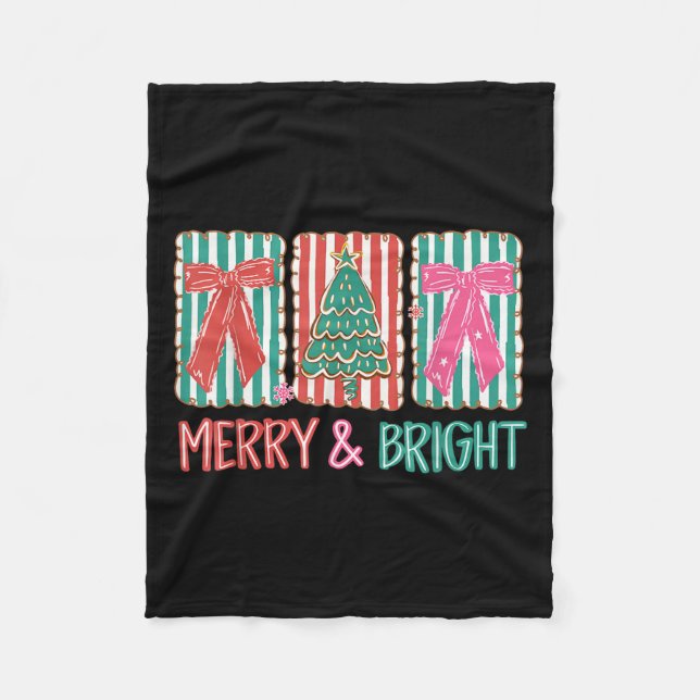Retro Coquette Bow Merry And Bright Christmas Tree Fleece Blanket (Front)